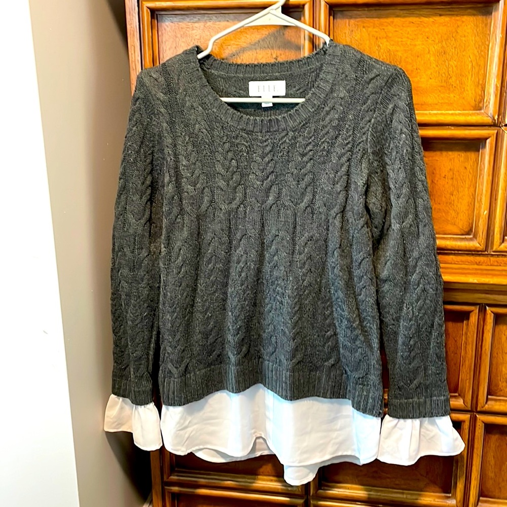 Elle charcoal grey sweater with illusion white under-blouse. Size small.